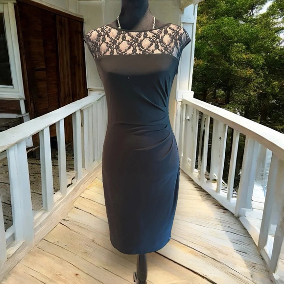 Chaps Dresses & Skirts - Chaps Women's Dress Floral Lace Overlay Black Size Small Ruched Bodycone Pencil